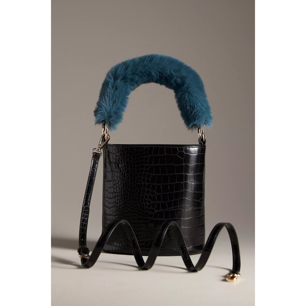 NWT By Anthropologie Blue Faux-Fur Handle Animal Skin texture Croc Bucket Purse